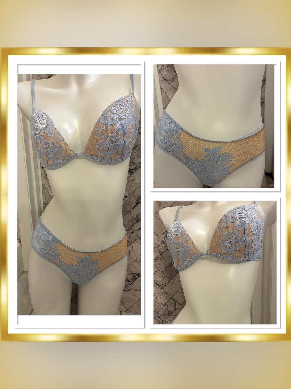 La Perla Tattoo Privilege Lace Frastaglio Powder Blue Bra & Brief Set Vintage